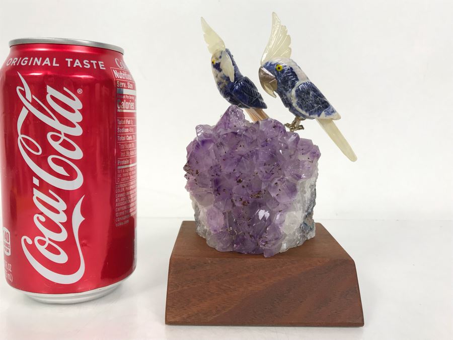 Pair Of Birds Figurines Hand-Carved In Semi-Precious Stones On Amethyst Geode With Wooden Stand 3.5 X 3.5 X 5.5H [Photo 4]