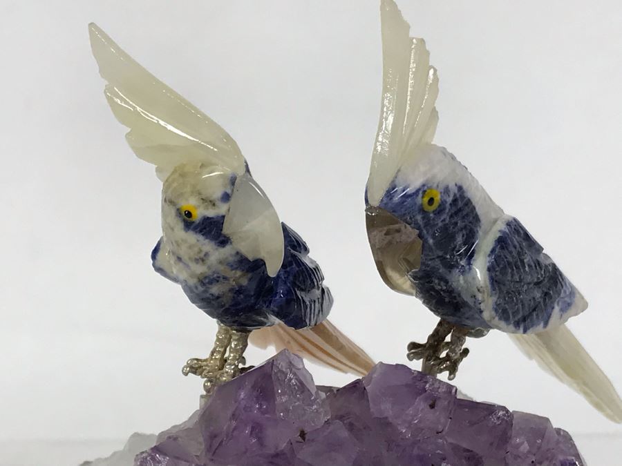 Pair Of Birds Figurines Hand-Carved In Semi-Precious Stones On Amethyst ...