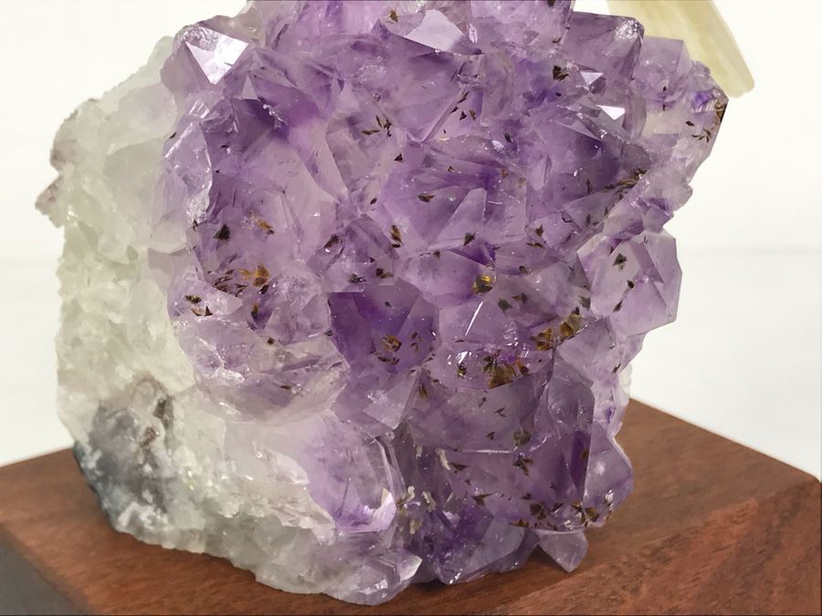 Pair Of Birds Figurines Hand-Carved In Semi-Precious Stones On Amethyst Geode With Wooden Stand 3.5 X 3.5 X 5.5H [Photo 15]