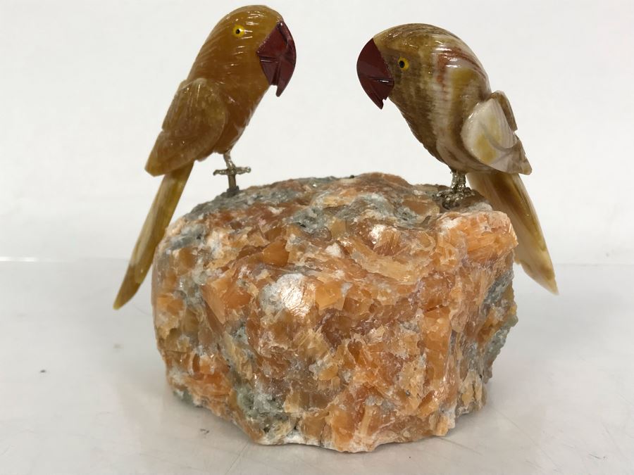 Pair Of Birds Figurines Hand-Carved In Semi-Precious Stones 6 X 3 X 4H [Photo 2]