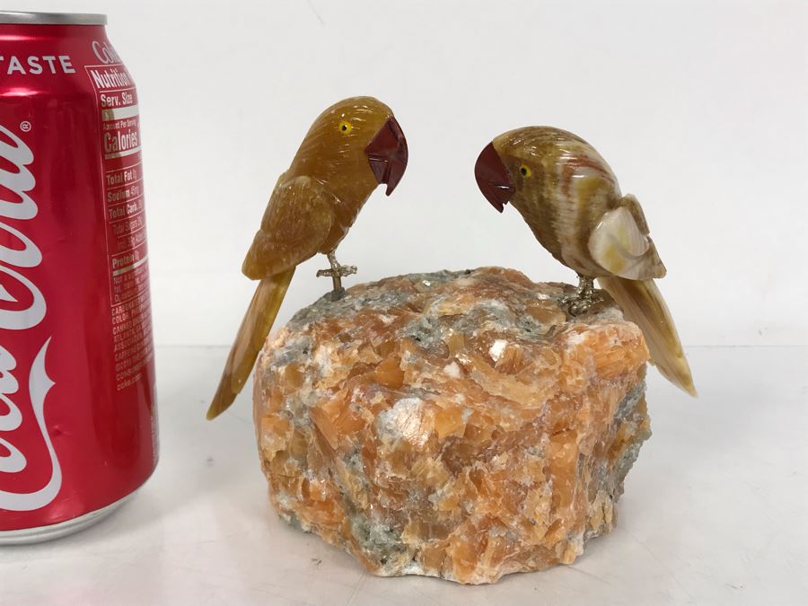 Pair Of Birds Figurines Hand-Carved In Semi-Precious Stones 6 X 3 X 4H