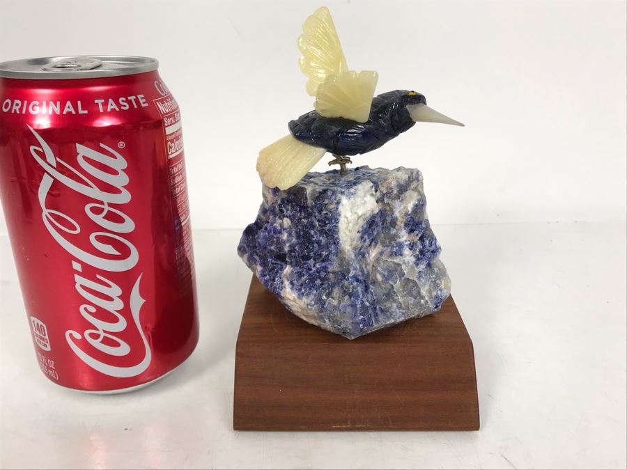 Hummingbird Figurine Hand-Carved In Semi-Precious Stones With Wooden Stand 3.5 X 3.5 X 5.5H
