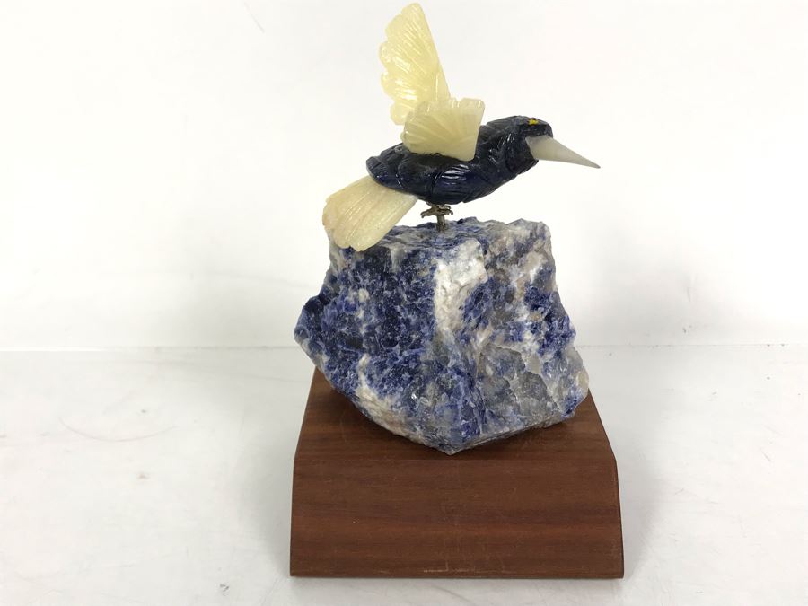 Hummingbird Figurine Hand-Carved In Semi-Precious Stones With Wooden Stand 3.5 X 3.5 X 5.5H [Photo 2]