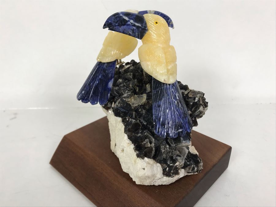 Pair Of Birds Figurines Hand-Carved In Semi-Precious Stones With Wooden Stand 5 X 4.5 X 5H [Photo 5]