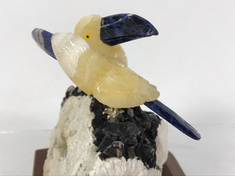 Pair Of Birds Figurines Hand-Carved In Semi-Precious Stones With Wooden Stand 5 X 4.5 X 5H [Photo 9]