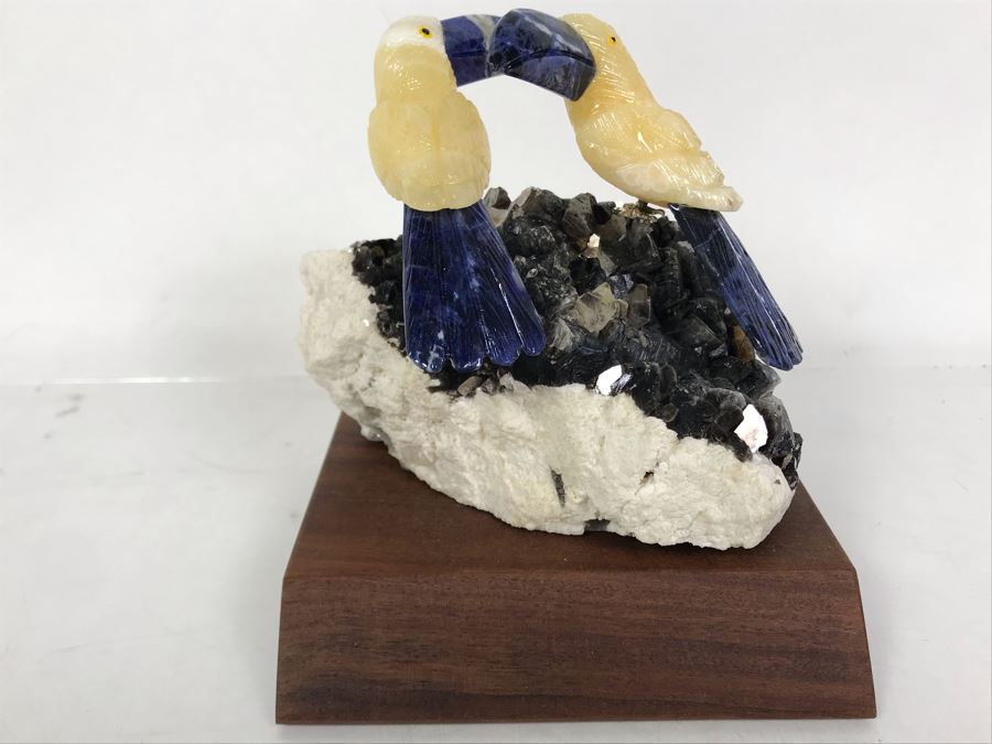 Pair Of Birds Figurines Hand-Carved In Semi-Precious Stones With Wooden Stand 5 X 4.5 X 5H [Photo 2]