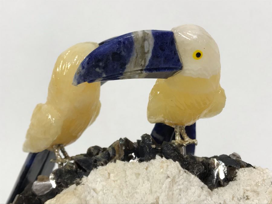 Pair Of Birds Figurines Hand-Carved In Semi-Precious Stones With Wooden Stand 5 X 4.5 X 5H [Photo 8]