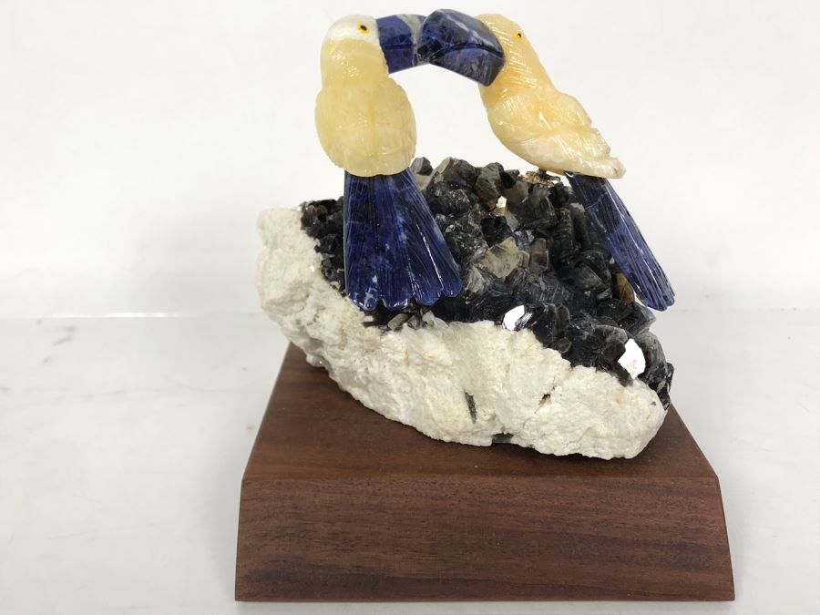 Pair Of Birds Figurines Hand-Carved In Semi-Precious Stones With Wooden Stand 5 X 4.5 X 5H [Photo 3]