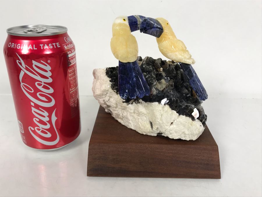 Pair Of Birds Figurines Hand-Carved In Semi-Precious Stones With Wooden Stand 5 X 4.5 X 5H [Photo 1]