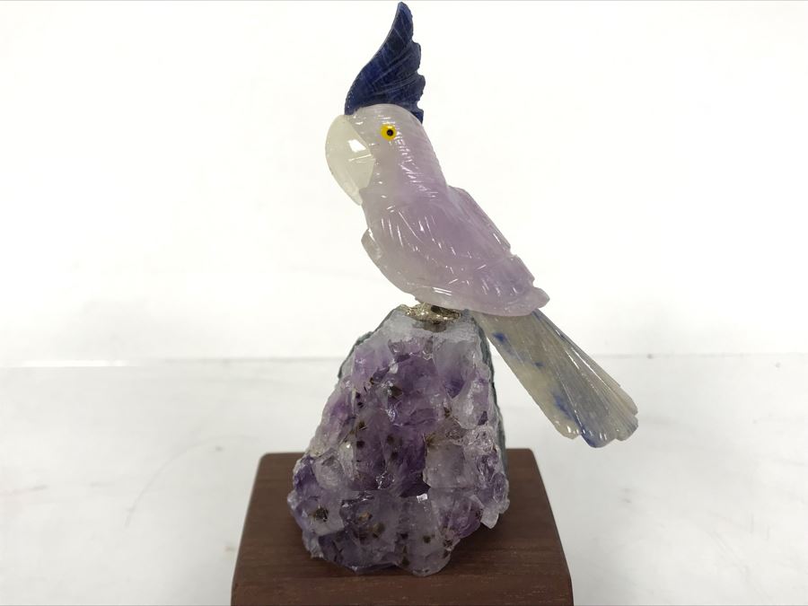 Bird Figurine Hand-Carved In Semi-Precious Stones On Amethyst Geode With Wooden Stand 2.5 X 2.5 X 4.5H [Photo 2]