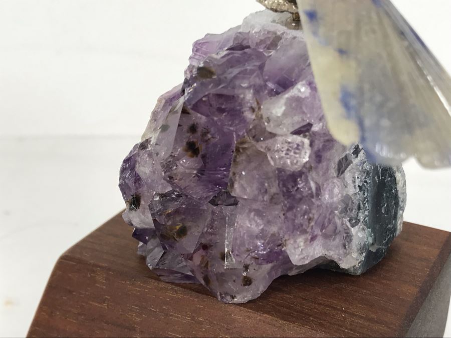 Bird Figurine Hand-Carved In Semi-Precious Stones On Amethyst Geode With Wooden Stand 2.5 X 2.5 X 4.5H [Photo 6]