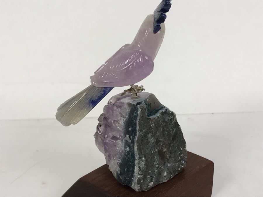 Bird Figurine Hand-Carved In Semi-Precious Stones On Amethyst Geode With Wooden Stand 2.5 X 2.5 X 4.5H [Photo 8]