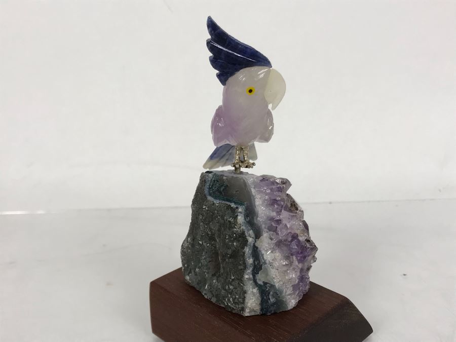 Bird Figurine Hand-Carved In Semi-Precious Stones On Amethyst Geode With Wooden Stand 2.5 X 2.5 X 4.5H [Photo 9]