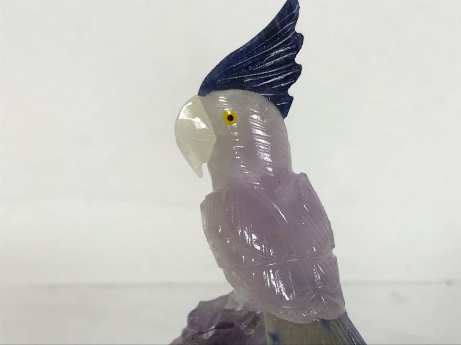 Bird Figurine Hand-Carved In Semi-Precious Stones On Amethyst Geode With Wooden Stand 2.5 X 2.5 X 4.5H [Photo 7]