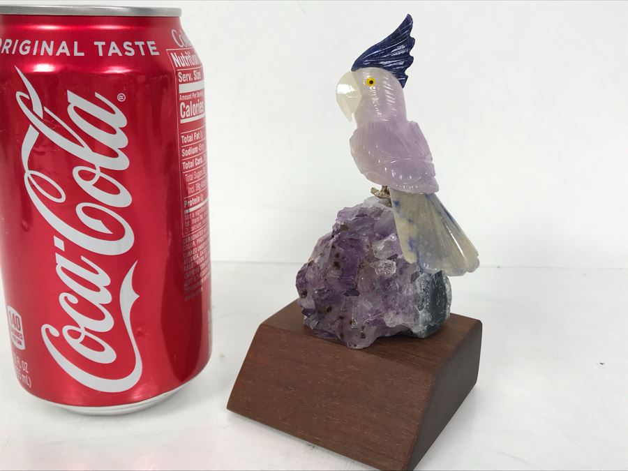 Bird Figurine Hand-Carved In Semi-Precious Stones On Amethyst Geode With Wooden Stand 2.5 X 2.5 X 4.5H