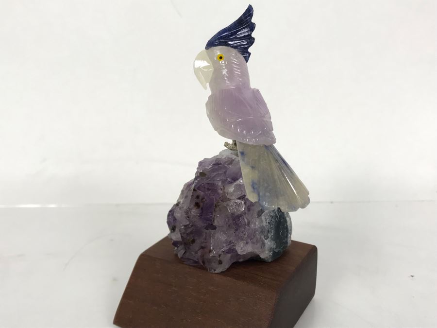 Bird Figurine Hand-Carved In Semi-Precious Stones On Amethyst Geode With Wooden Stand 2.5 X 2.5 X 4.5H [Photo 4]
