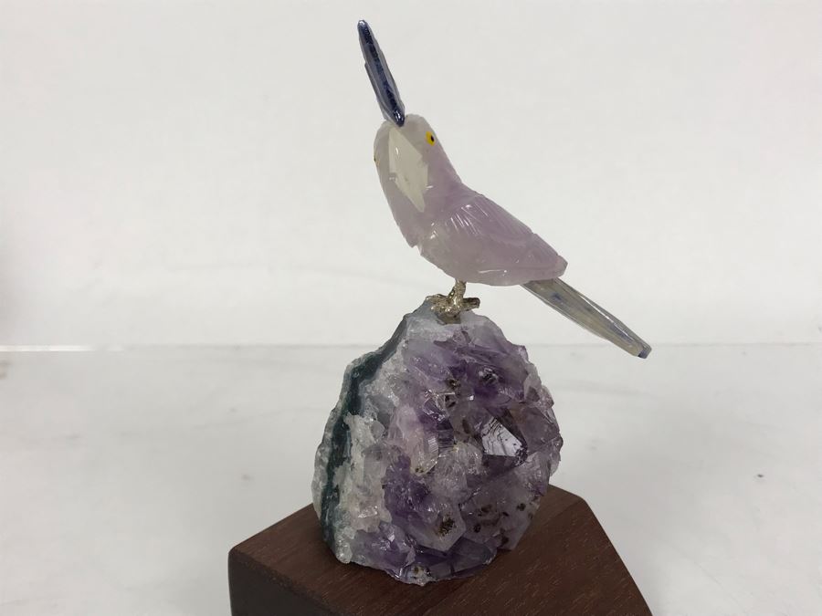 Bird Figurine Hand-Carved In Semi-Precious Stones On Amethyst Geode With Wooden Stand 2.5 X 2.5 X 4.5H [Photo 10]
