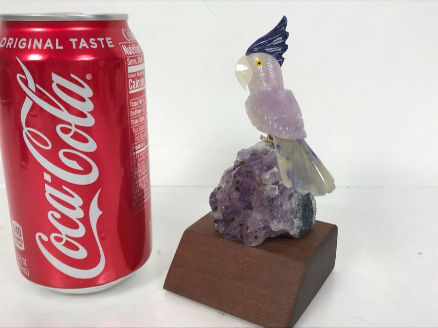 Bird Figurine Hand-Carved In Semi-Precious Stones On Amethyst Geode With Wooden Stand 2.5 X 2.5 X 4.5H [Photo 5]