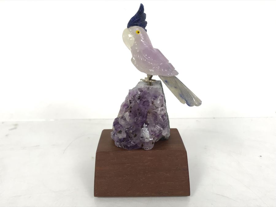 Bird Figurine Hand-Carved In Semi-Precious Stones On Amethyst Geode With Wooden Stand 2.5 X 2.5 X 4.5H [Photo 3]