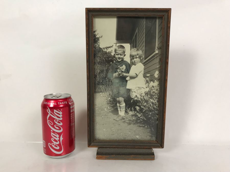 Vintage Wooden Picture Frame With Built In Stand And B&W Kids Photo 6 X 11.5 [Photo 2]