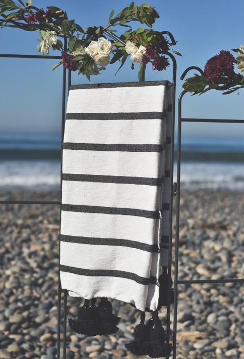 JUST ADDED - Moroccan Pom Pom Blanket - Black Multi Stripe - 100% Quality Cotton - Size Large 118 X 79 Retails $210 [Photo 1]