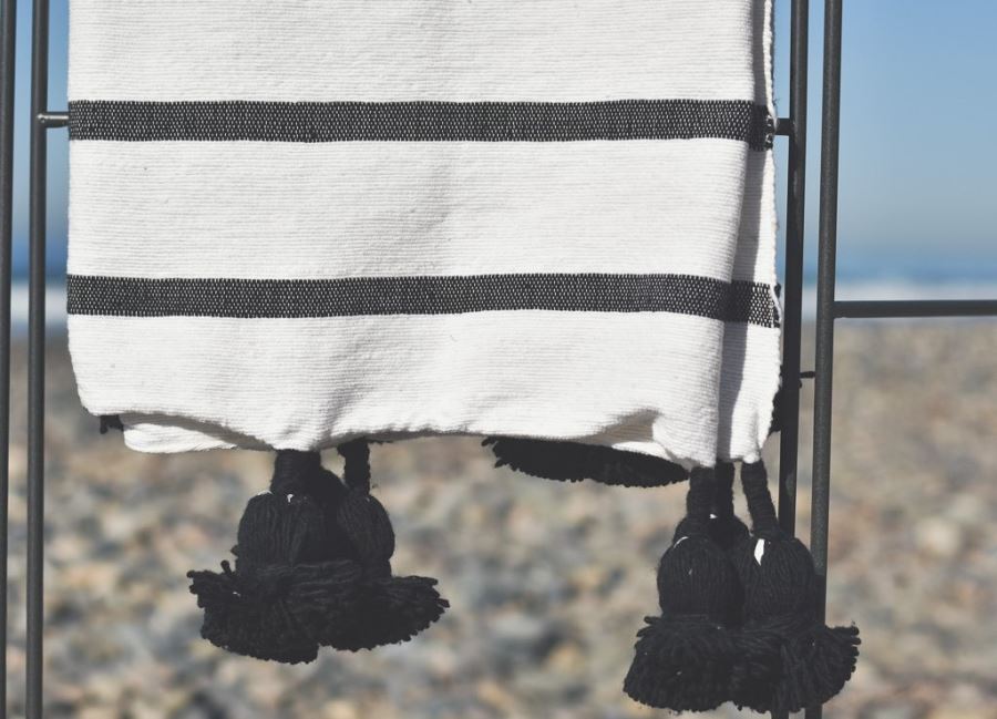 JUST ADDED - Moroccan Pom Pom Blanket - Black Multi Stripe - 100% Quality Cotton - Size Large 118 X 79 Retails $210 [Photo 2]