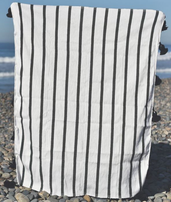 JUST ADDED - Moroccan Pom Pom Blanket - Black Multi Stripe - 100% Quality Cotton - Size Large 118 X 79 Retails $210 [Photo 4]
