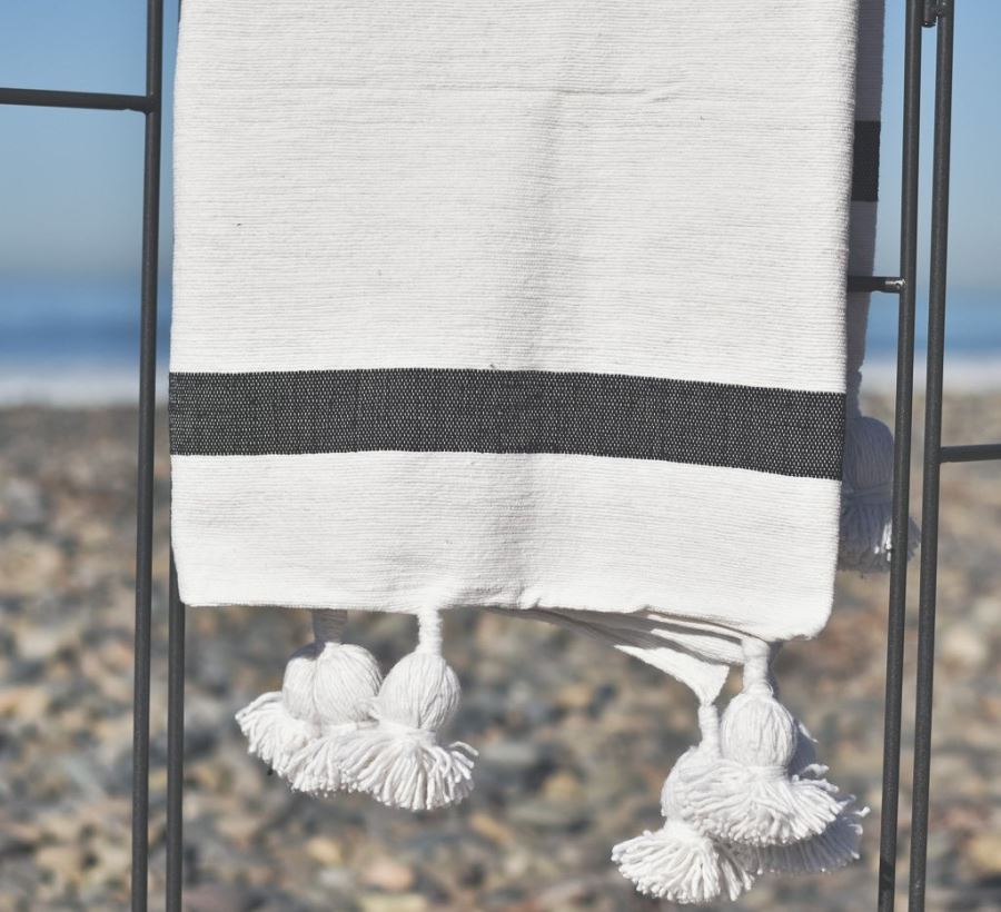 JUST ADDED - Moroccan Pom Pom Blanket - Black Single Stripe - 100% Quality Cotton Size Large 118 X 79 Retails $210 [Photo 2]