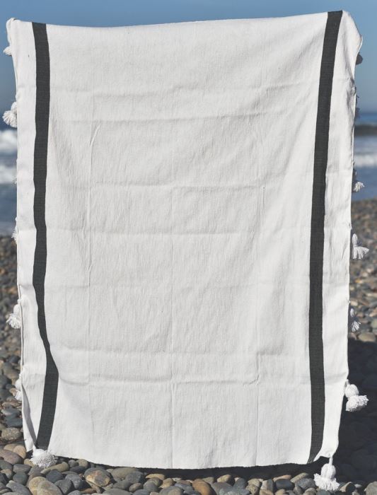 JUST ADDED - Moroccan Pom Pom Blanket - Black Single Stripe - 100% Quality Cotton Size Large 118 X 79 Retails $210 [Photo 4]