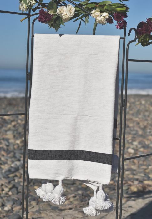 JUST ADDED - Moroccan Pom Pom Blanket - Black Single Stripe - 100% Quality Cotton Size Large 118 X 79 Retails $210 [Photo 1]