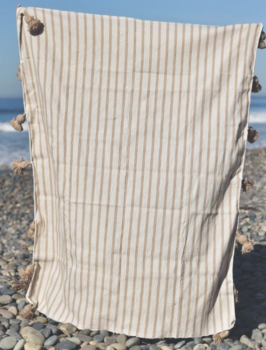 JUST ADDED - Moroccan Pom Pom Blanket - Tan Multi Stripe - 100% Quality Cotton Size Large 118 X 79 Retails $210 [Photo 4]