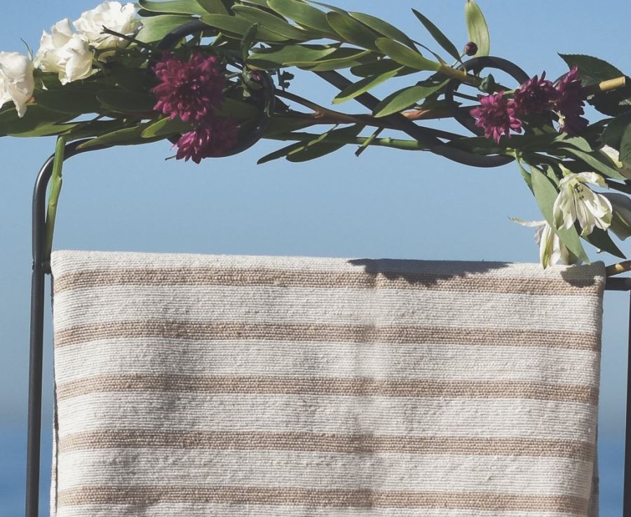 JUST ADDED - Moroccan Pom Pom Blanket - Tan Multi Stripe - 100% Quality Cotton Size Large 118 X 79 Retails $210 [Photo 3]