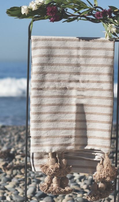 JUST ADDED - Moroccan Pom Pom Blanket - Tan Multi Stripe - 100% Quality Cotton Size Large 118 X 79 Retails $210 [Photo 1]