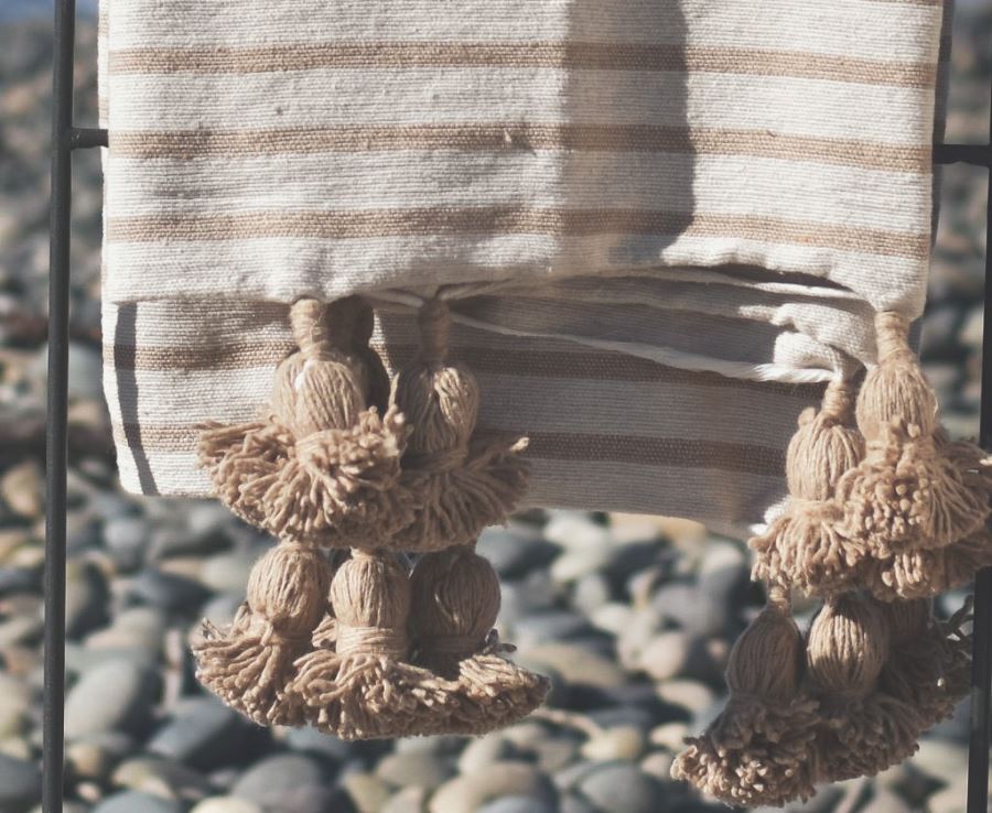 JUST ADDED - Moroccan Pom Pom Blanket - Tan Multi Stripe - 100% Quality Cotton Size Large 118 X 79 Retails $210 [Photo 2]