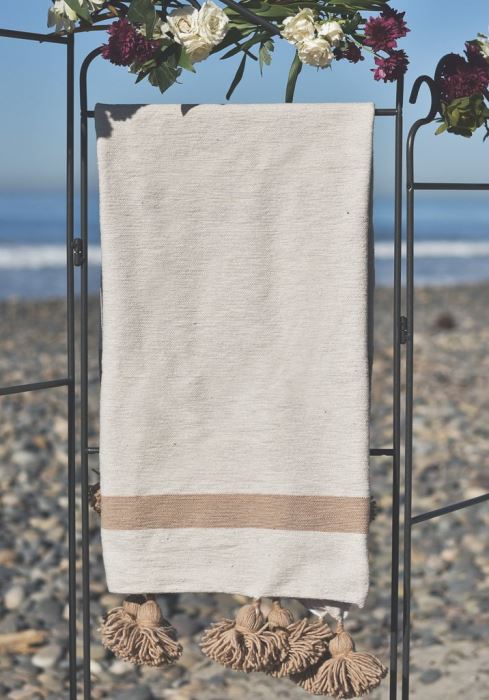 JUST ADDED - Moroccan Pom Pom Blanket - Tan Single Stripe - 100% ...