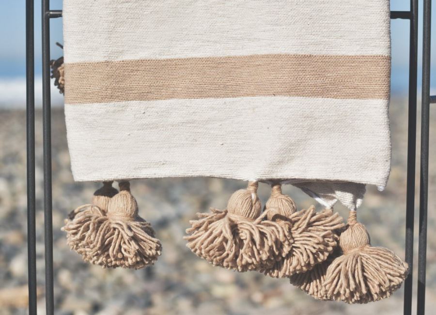 JUST ADDED - Moroccan Pom Pom Blanket - Tan Single Stripe - 100% Quality Cotton Size Small 59 X 47 Retails $140 [Photo 2]
