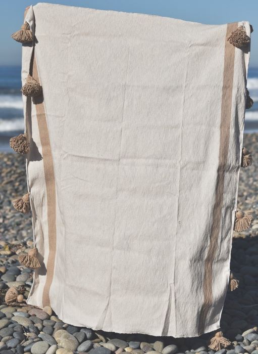 JUST ADDED - Moroccan Pom Pom Blanket - Tan Single Stripe - 100% Quality Cotton Size Small 59 X 47 Retails $140 [Photo 4]