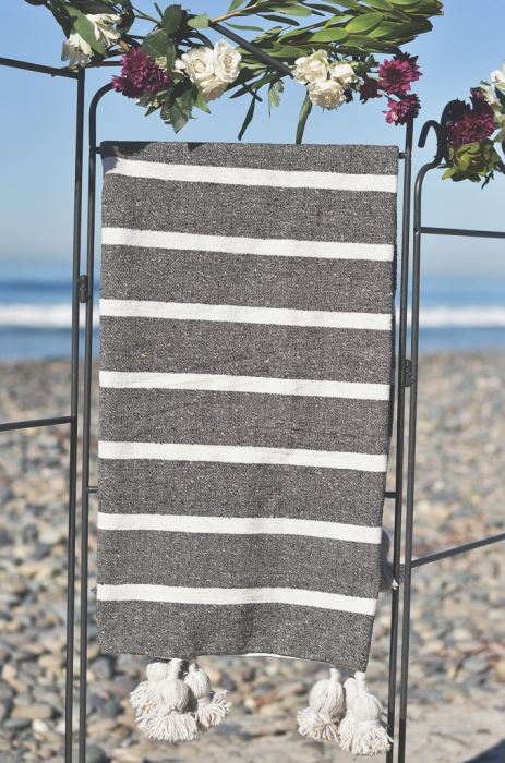 JUST ADDED - Moroccan Pom Pom Blanket - Weathered Brown Thick Stripe - 100% Quality Cotton Size Large 118 X 79 Retails $210 [Photo 1]