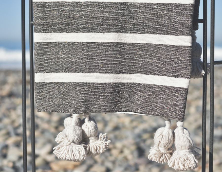 JUST ADDED - Moroccan Pom Pom Blanket - Weathered Brown Thick Stripe - 100% Quality Cotton Size Large 118 X 79 Retails $210 [Photo 2]