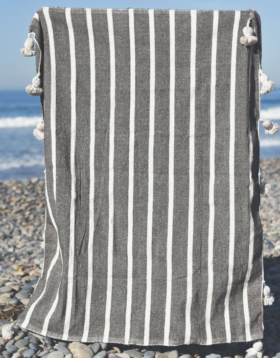 JUST ADDED - Moroccan Pom Pom Blanket - Weathered Brown Thick Stripe - 100% Quality Cotton Size Large 118 X 79 Retails $210 [Photo 4]