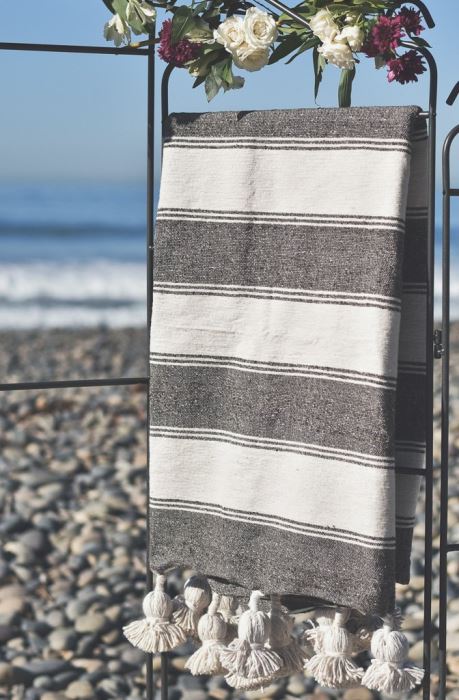 JUST ADDED - Moroccan Pom Pom Blanket - Weathered Brown Multi Stripe - 100% Quality Cotton Size Small 59 X 47 Retails $140 [Photo 1]