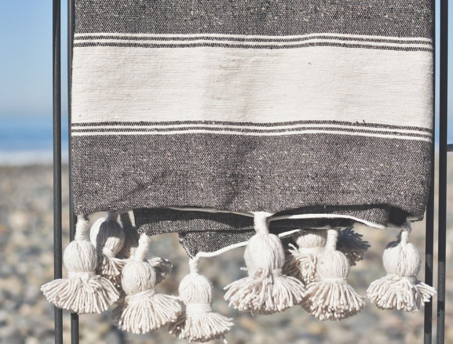 JUST ADDED - Moroccan Pom Pom Blanket - Weathered Brown Multi Stripe - 100% Quality Cotton Size Small 59 X 47 Retails $140 [Photo 3]