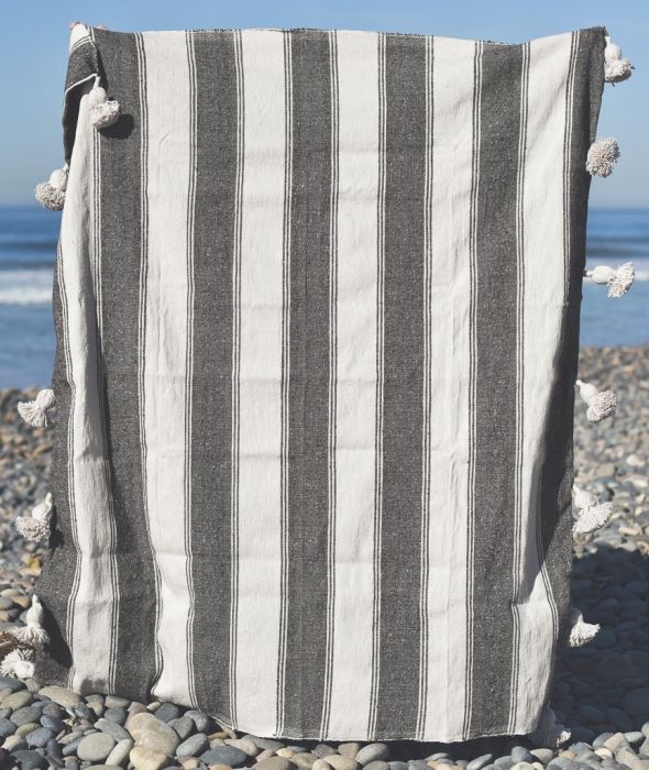 JUST ADDED - Moroccan Pom Pom Blanket - Weathered Brown Multi Stripe - 100% Quality Cotton Size Small 59 X 47 Retails $140 [Photo 4]
