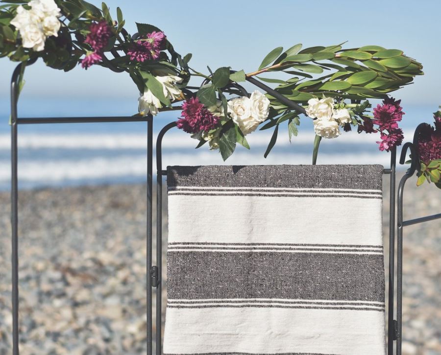 JUST ADDED - Moroccan Pom Pom Blanket - Weathered Brown Multi Stripe - 100% Quality Cotton Size Large 118 X 79 Retails $210 [Photo 2]