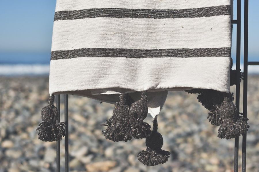JUST ADDED - Moroccan Pom Pom Blanket - Weathered Brown Thin Stripe - 100% Quality Cotton Size Small 59 X 47 Retails $140 [Photo 2]