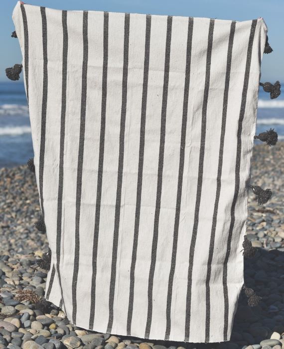 JUST ADDED - Moroccan Pom Pom Blanket - Weathered Brown Thin Stripe - 100% Quality Cotton Size Small 59 X 47 Retails $140 [Photo 4]