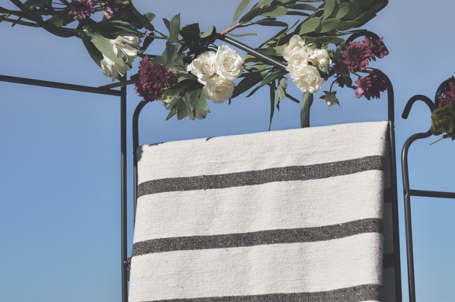 JUST ADDED - Moroccan Pom Pom Blanket - Weathered Brown Thin Stripe - 100% Quality Cotton Size Large 118 X 79 Retails $210 [Photo 3]