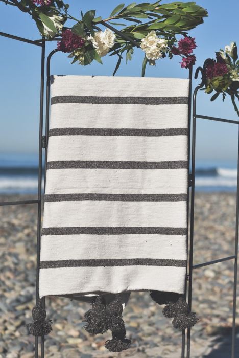 JUST ADDED - Moroccan Pom Pom Blanket - Weathered Brown Thin Stripe - 100% Quality Cotton Size Large 118 X 79 Retails $210 [Photo 1]