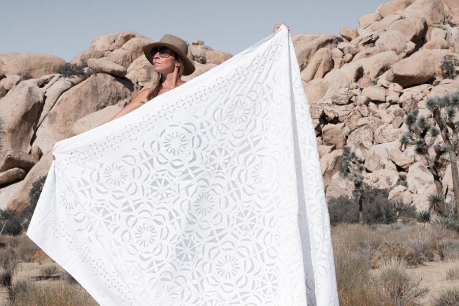 JUST ADDED - Bloom - Indian Hand Stitched White Cutwork Quilt Blanket - Bedding 87 X 107 Retails $189 [Photo 1]