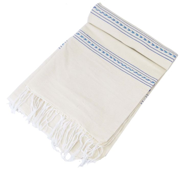 JUST ADDED - Blue / Ivory Stripe Lita Blanket - Handmade Bohemian Cotton - Fringe Accent Hemline 57 X 76 Retails $50 [Photo 2]